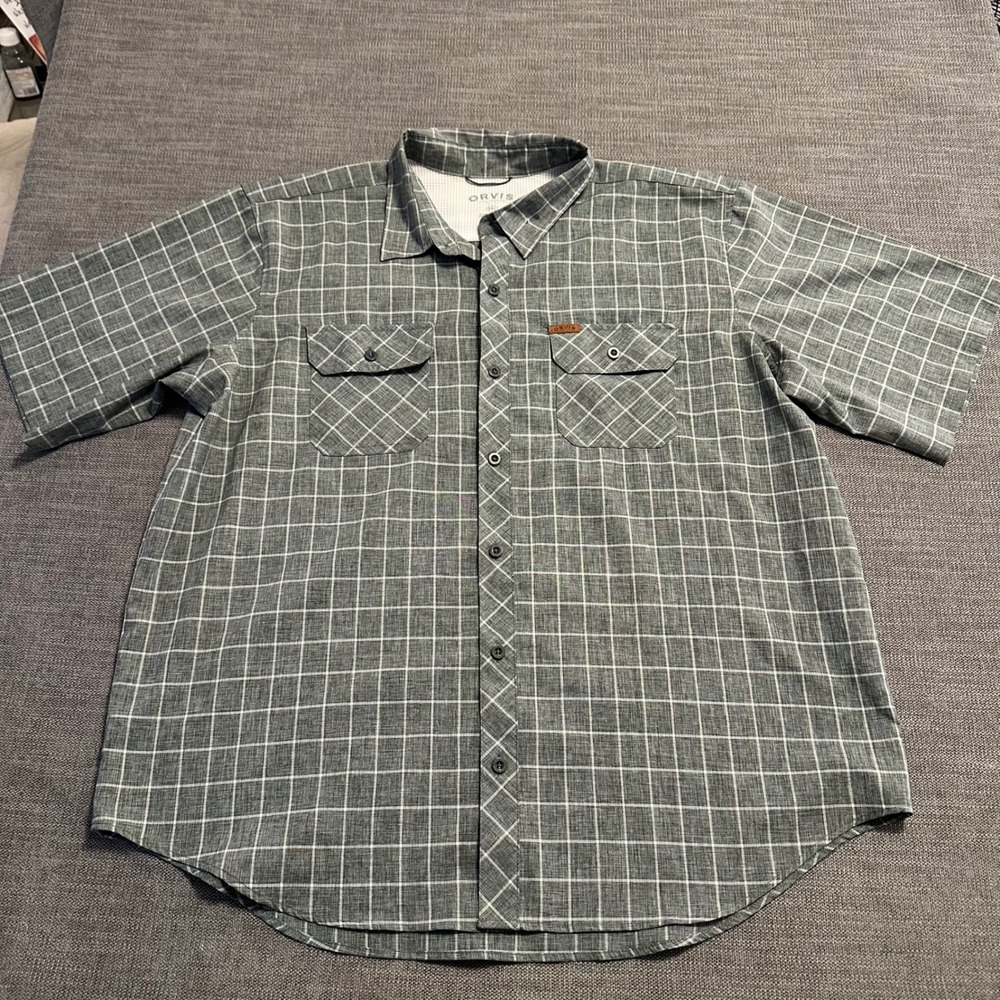 Orvis Button Down Shirt Mens XXL Grey Plaid Short Sleeve Outdoor Utility